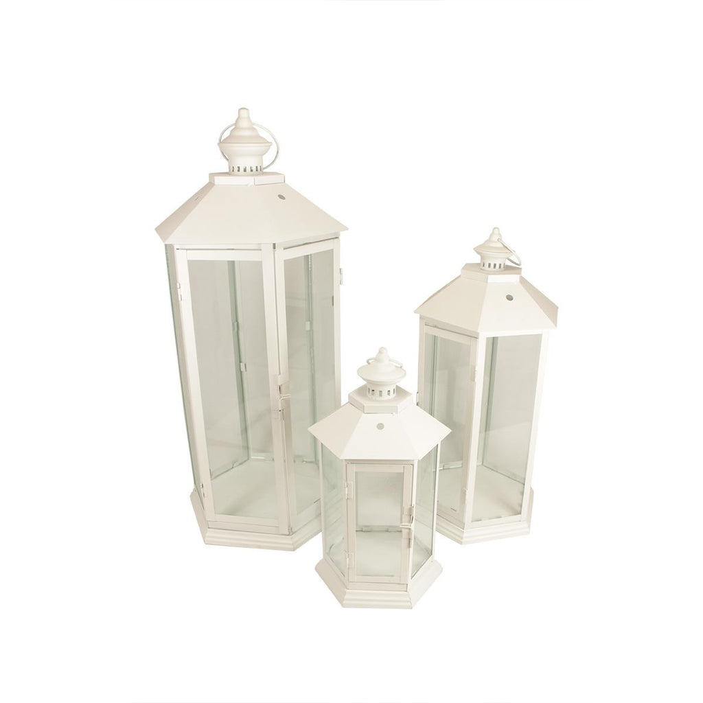 Set of 3 White Traditional Style Pillar Candle Holder Lanterns 27"