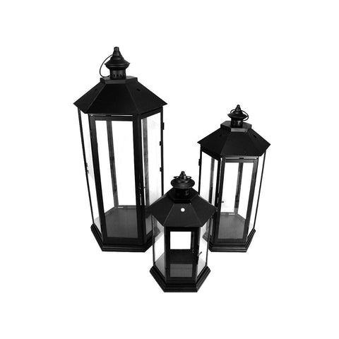 Set of 3 Black Traditional Style Pillar Candle Holder Lanterns 27"