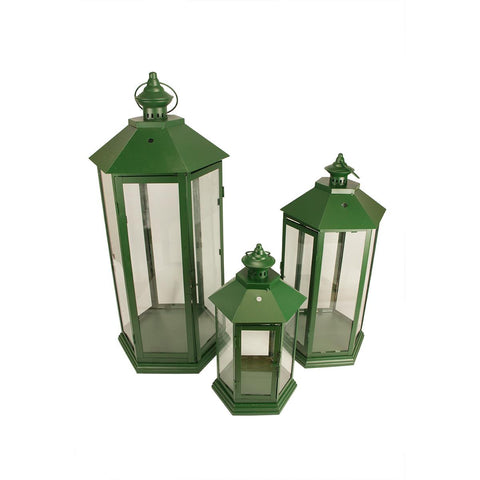 Set of 3 Green Traditional Style Pillar Candle Holder Lanterns 27"