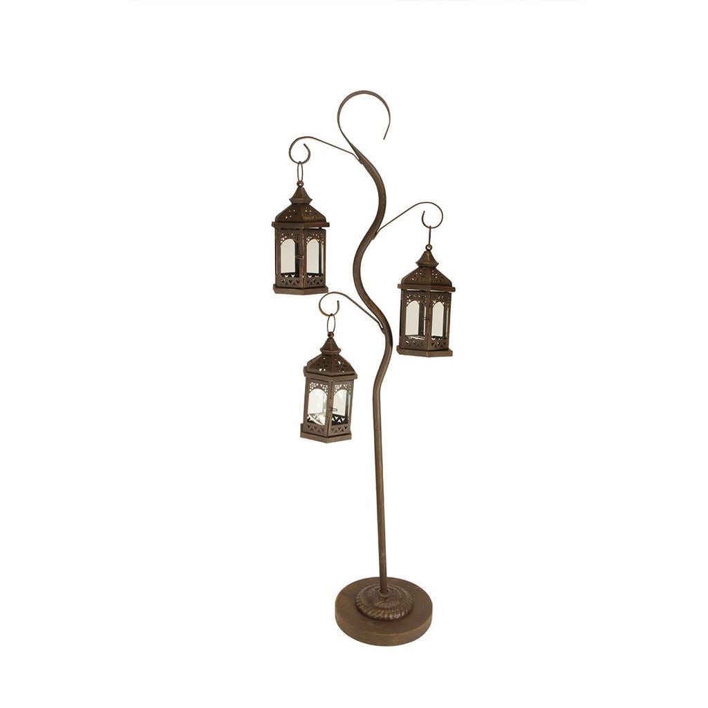 50.5" Rustic Brown Pillar Candle Holder Tree with 3 Decorative Lanterns