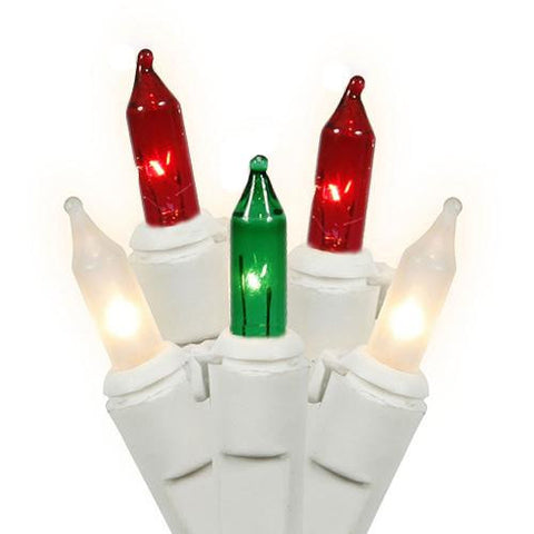 Set of 100 Red, Clear Frosted and Green Mini Christmas Lights - White Wire