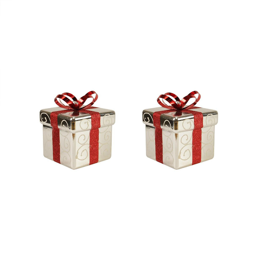 Pack of 2 Silver and Red Gift Box Shatterproof Christmas Ornaments 6"