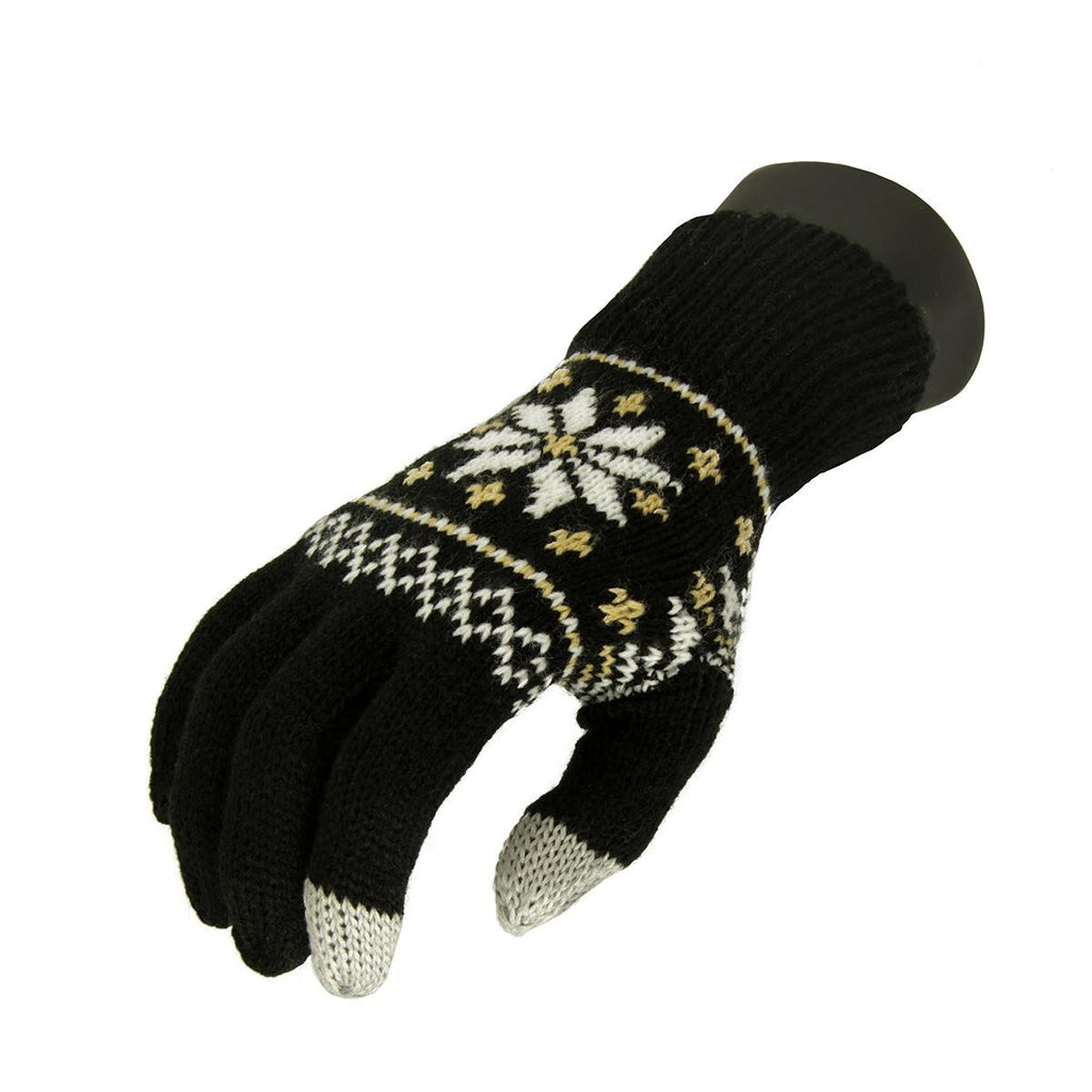 Unisex Black Jacquard Knit Winter Touchscreen Gloves - One Size