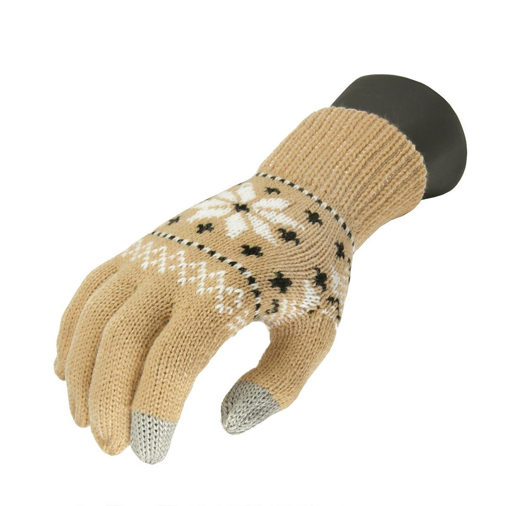 Unisex Light Khaki Jacquard Knit Winter Touchscreen Gloves - One Size