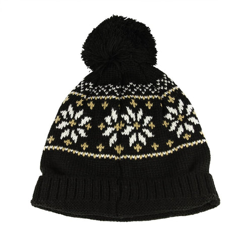 Unisex Black Jacquard Knit Winter Beanie Hat - One Size