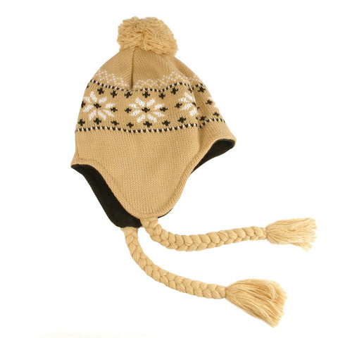 Unisex Light Khaki Jacquard Knit Winter Hat with Ear Flaps - One Size