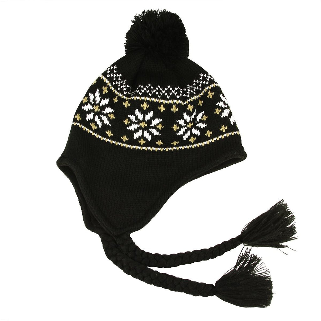 Unisex Black Jacquard Knit Winter Hat with Ear Flaps - One Size