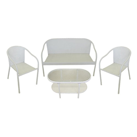 4-Piece White Resin Wicker Patio Furniture Set - Loveseat, 2 Chairs & Glass Top Table