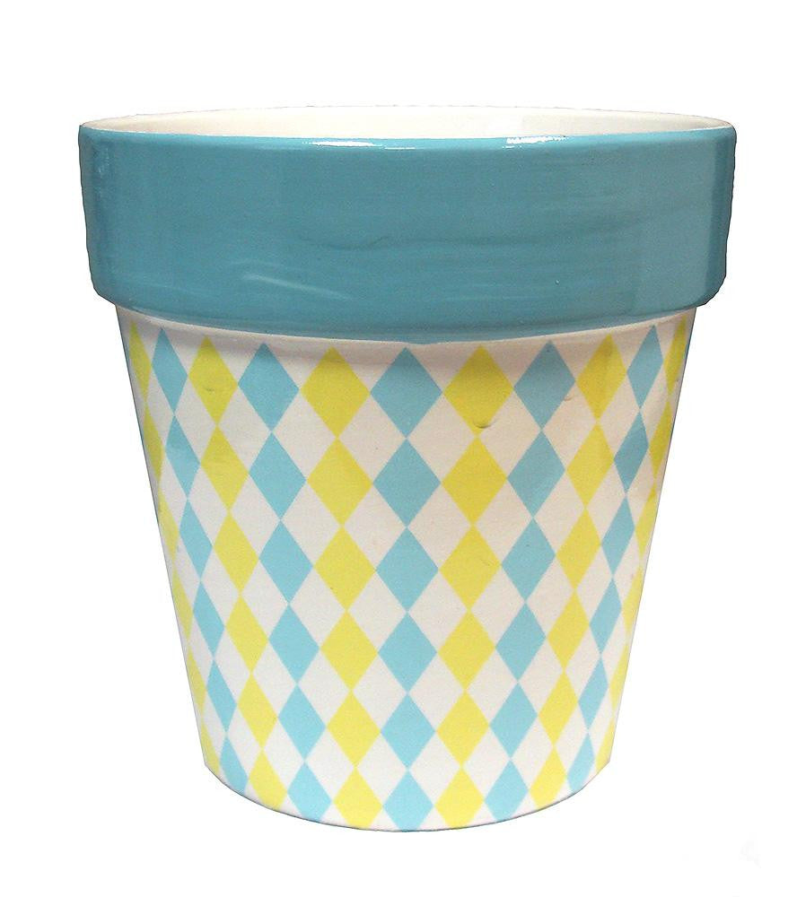 4" Capri Boulevard Earthenware Pastel Yellow & Blue Diamond Motif Outdoor Garden Patio Mini Planter