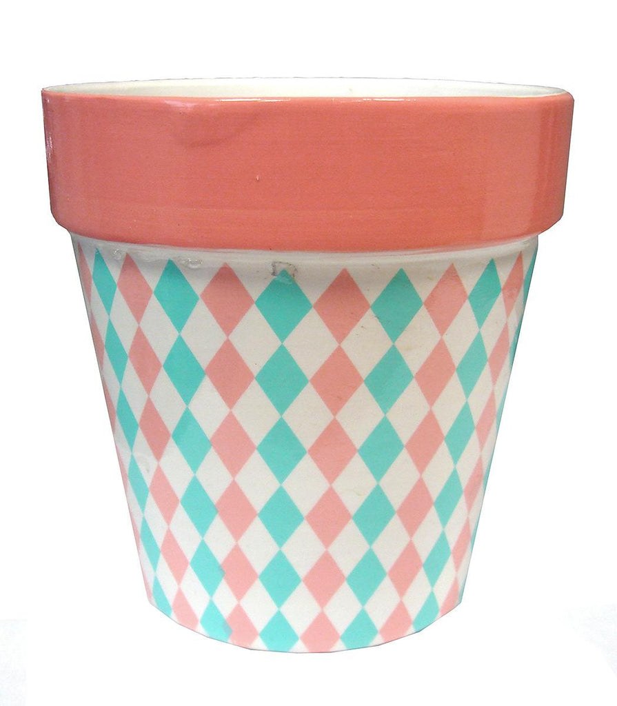 4" Capri Boulevard Earthenware Pastel Pink & Green Diamond Motif Outdoor Garden Patio Mini Planter