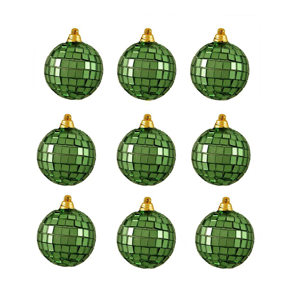 9ct Green Mirrored Glass Disco Ball Christmas Ornaments 2.5" (60mm)