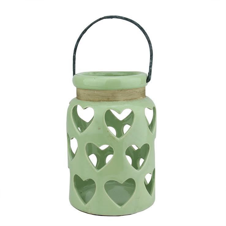 12" Tea Garden Green Cut-Out Heart Antique Crackle Tea Light or Votive Candle Holder