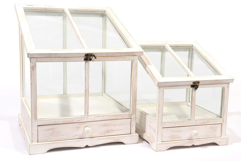 Set of 2 Tea Garden Distressed White Wash Table Top Terrarium Greenhouses with Storage Drawers 14"-19"