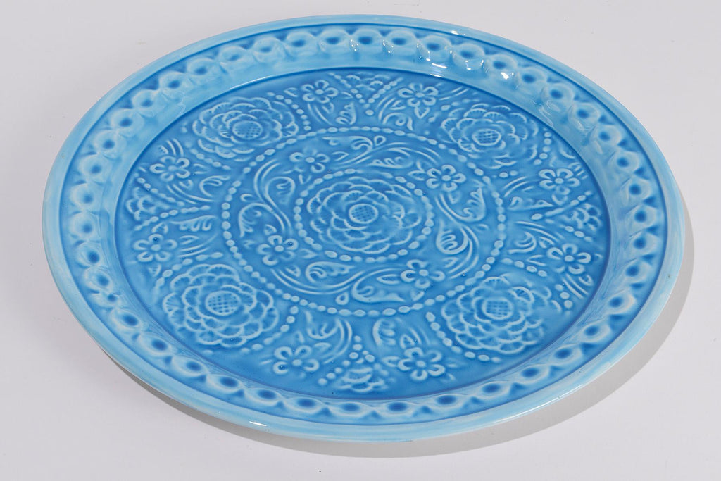 16.5" L'Eau de Fleur Turquoise Blue Embossed Rose Floral Decorative Plate Platter