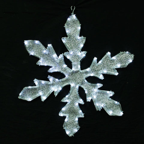 24" Pure White LED Lighted Tube Light Silver Tinsel Fabric Snowflake Christmas Decoration