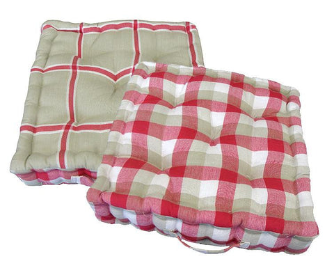 15" Plush Pink, White and Beige Plaid Reversible Indoor Chair Cushion