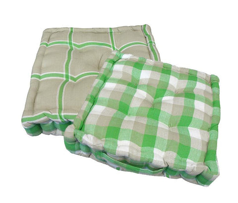 15" Plush Green, White and Beige Plaid Reversible Indoor Chair Cushion