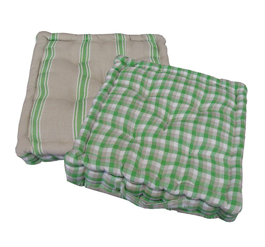 15" Plush Green, White and Beige Plaid and Striped Reversible Indoor Chair Cushion