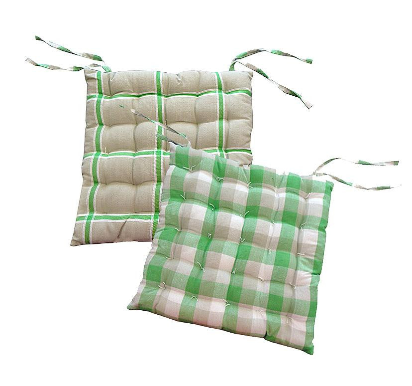 15" Green, White and Beige Plaid Reversible Indoor Chair Cushion with Ties