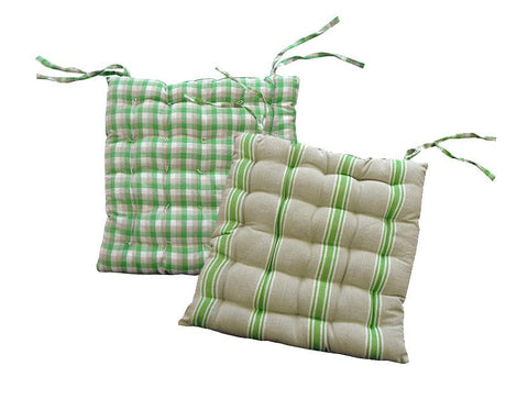 15" Green, White and Beige Striped Reversible Indoor Chair Cushion with Ties