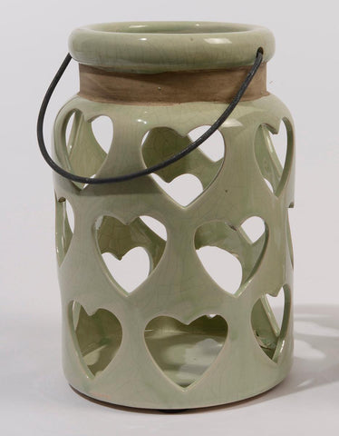 9" Tea Garden Green Cut-Out Heart Antique Crackle Tea Light or Votive Candle Holder