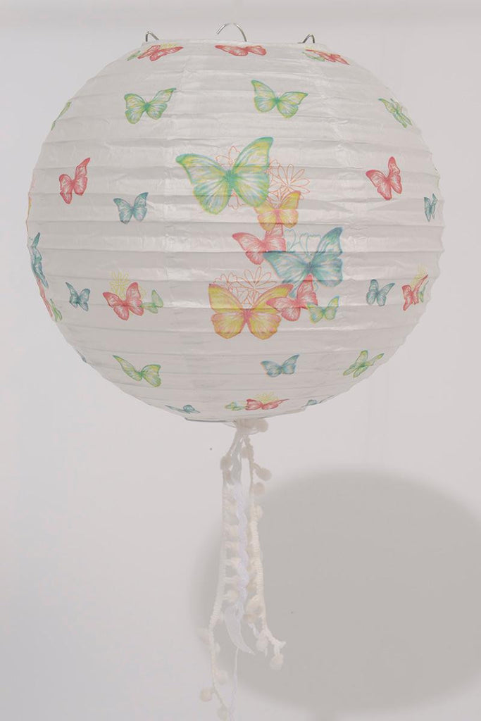 15.75" L'Eau de Fleur White Butterfly and Floral Chinese Paper Lantern with Pom Pom Tassels