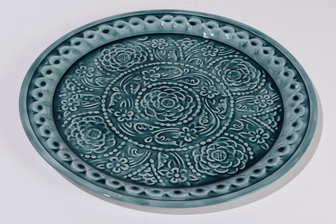 16.5" Dark Blue Embossed Rose Floral Decorative Plate Platter