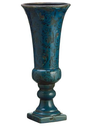 15" Antique Aqua Distressed Floral Urn Vase