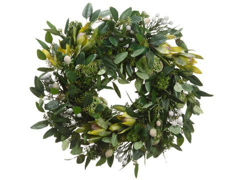 19" Protea and Sedum with Green Foliage Artificial Floral Wreath - Unlit