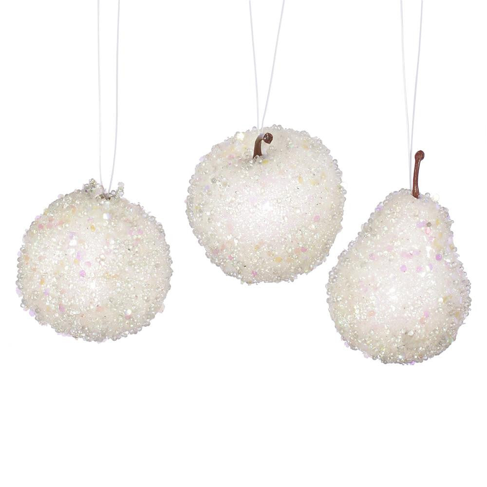 Set of 3 White Beaded Frozen and Glittered Apple, Pear, and Pomegranate Fruit Christmas Ornaments 3.25"