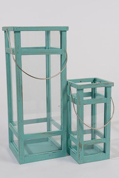 Set of 2 L'Eau de Fleur Distressed Aqua Green Wooden Pillar Candle Lanterns 19.5"