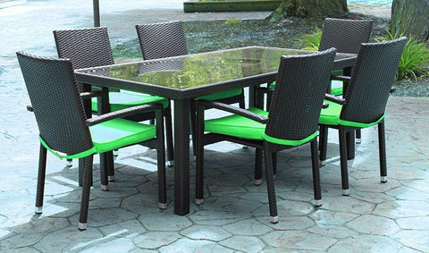 7-Piece Black Resin Wicker Outdoor Furniture Patio Dining Set - Lime Green Cushions