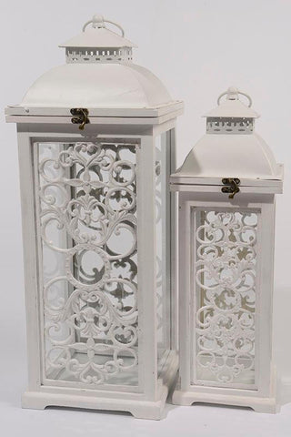 Set of 2 L'Eau de Fleur Distressed White Wood Pillar Candle Lanterns 24.5"