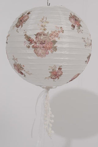 15.75" Vintage Rose White and Pink Floral Chinese Paper Lantern with Pom Pom Tassels