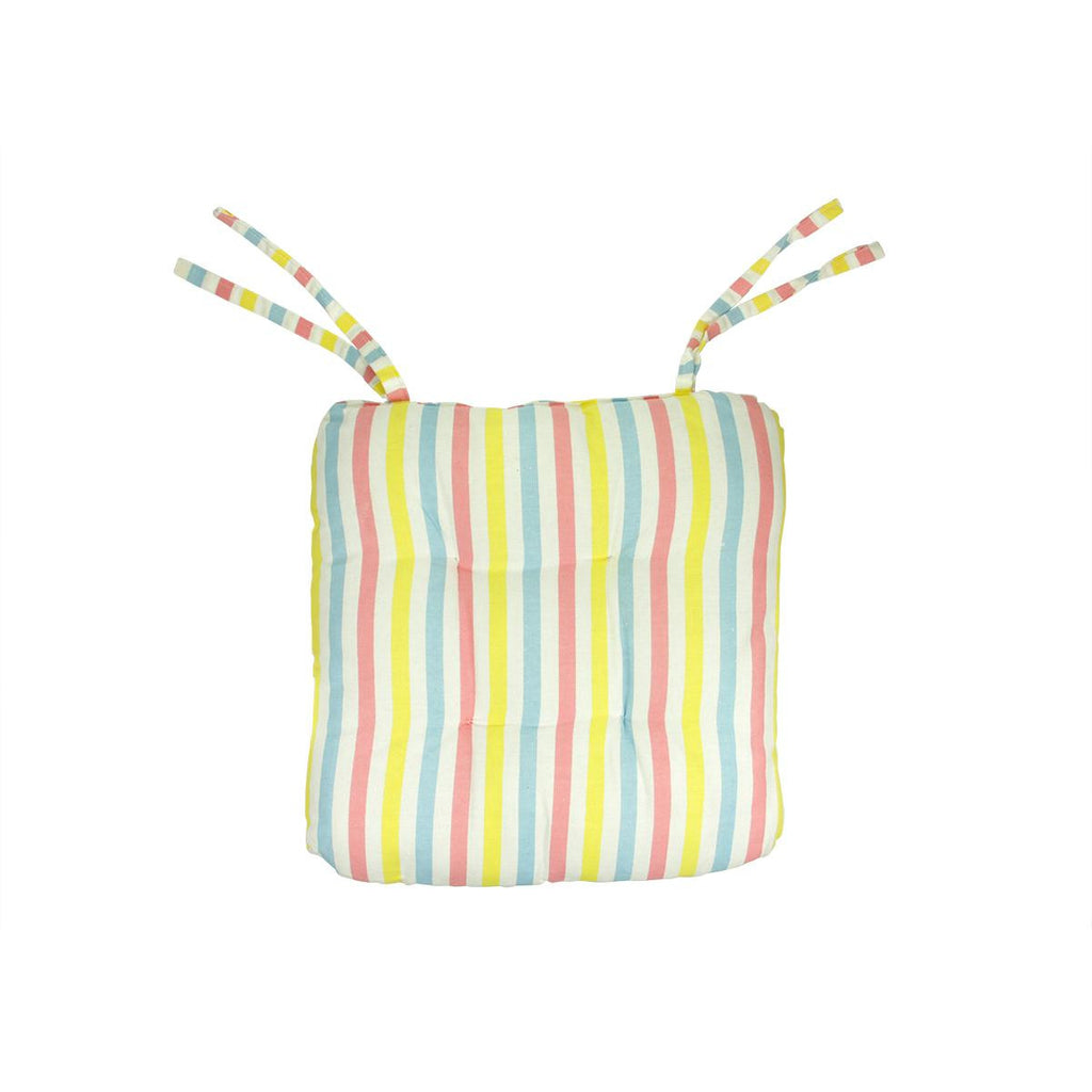 15" Capri Boulevard Pink, Blue and Yellow Striped Chair Cushion with Ties