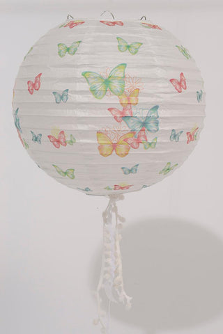 9" L'Eau de Fleur White Butterfly and Floral Chinese Paper Lantern with White Tassels