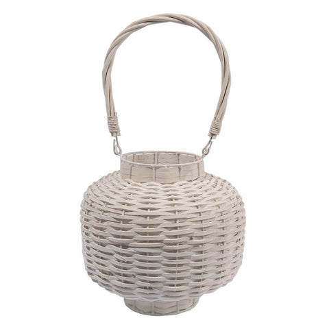 17.5" Beach Day Weathered White Woven Wood Pillar Candle Lantern