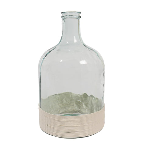 17.25" Beach Day Hand-Made Transparent Recycled Spanish Glass Vase with White Raffia Band