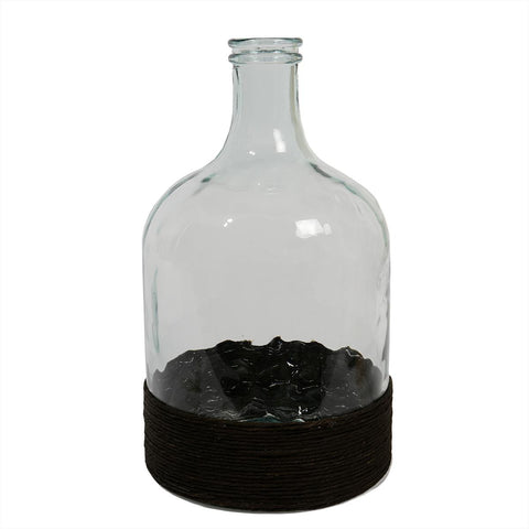 17.25" Beach Day Hand-Made Transparent Recycled Spanish Glass Vase with Black Raffia Band