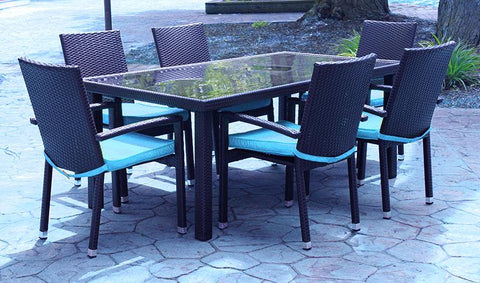 7-Piece Black Resin Wicker Outdoor Furniture Patio Dining Set - Blue Cushions