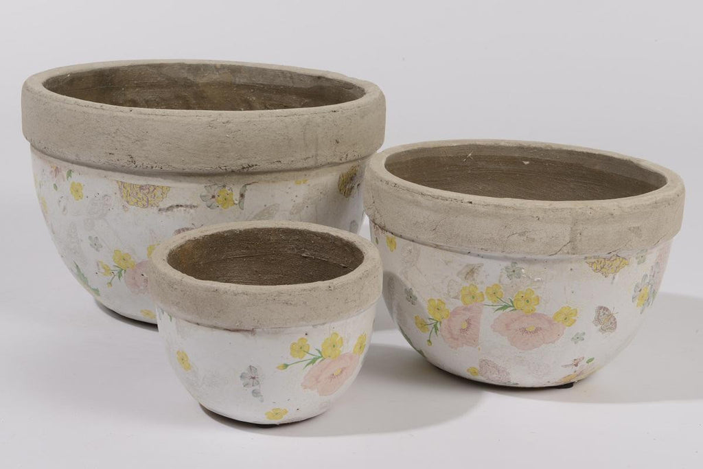 Set of 3 Tea Garden Antique-Style Distressed Floral Bowl-Shaped Outdoor Garden Patio Planters