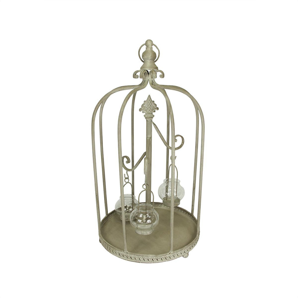 26" Vintage Rose Antique-Style Distressed Gray-Washed Taupe Metal Birdcage Tea Light Candle Holder