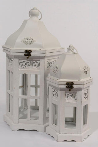 Set of 2 Vintage Rose Distressed White Hexagonal Wood Floral Pillar Candle Lanterns 19.5"