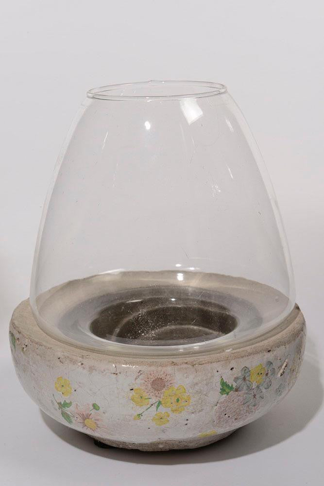 7" Tea Garden Antique-Style Distressed Glazed Floral Glass Hurricane Pillar Candle Holder