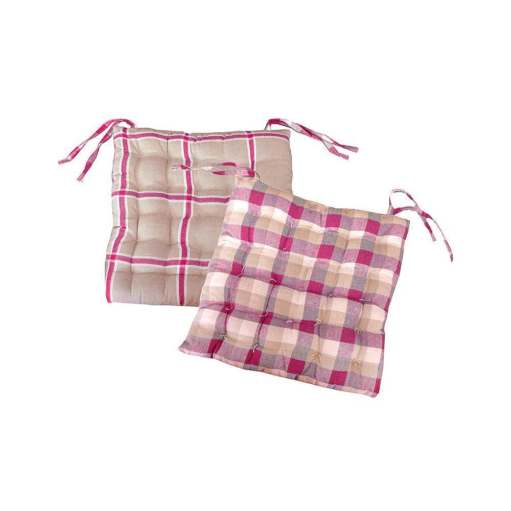 15" Pink, White and Beige Plaid Reversible Indoor Chair Cushion with Ties