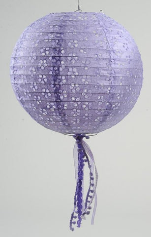 15.75" Tea Garden Purple Floral Cut-Out Chinese Paper Lantern with Pom Pom Tassels