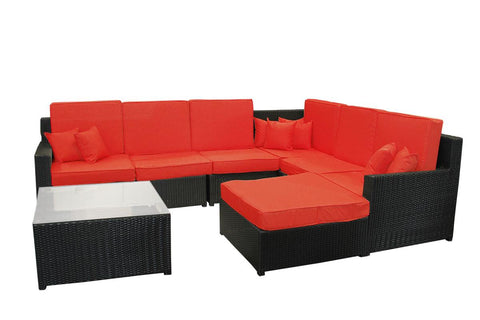 8-Piece Black Resin Wicker Outdoor Furniture Sectional Sofa, Table and Ottoman Set - Red Cushions