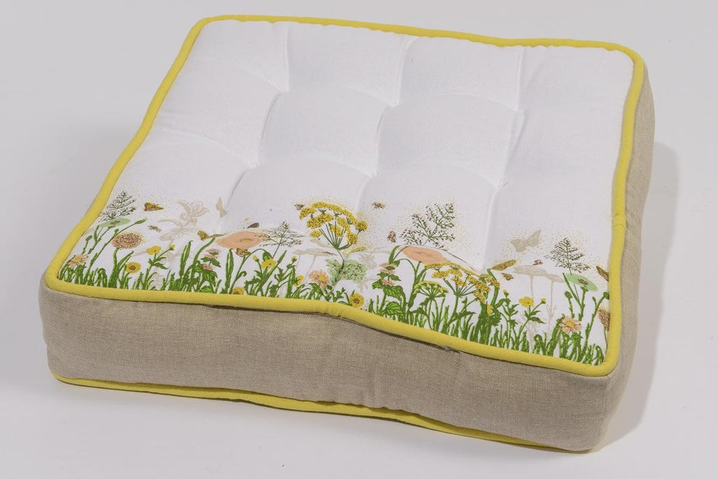 16" Tea Garden Taupe and Yellow Floral Print Square Indoor Chair Cushion