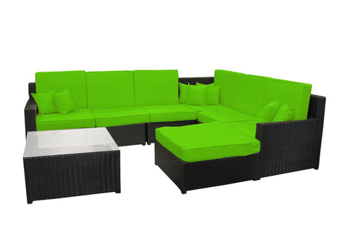 8-Piece Black Resin Wicker Outdoor Furniture Sectional Sofa, Table and Ottoman Set - Lime Green Cushions