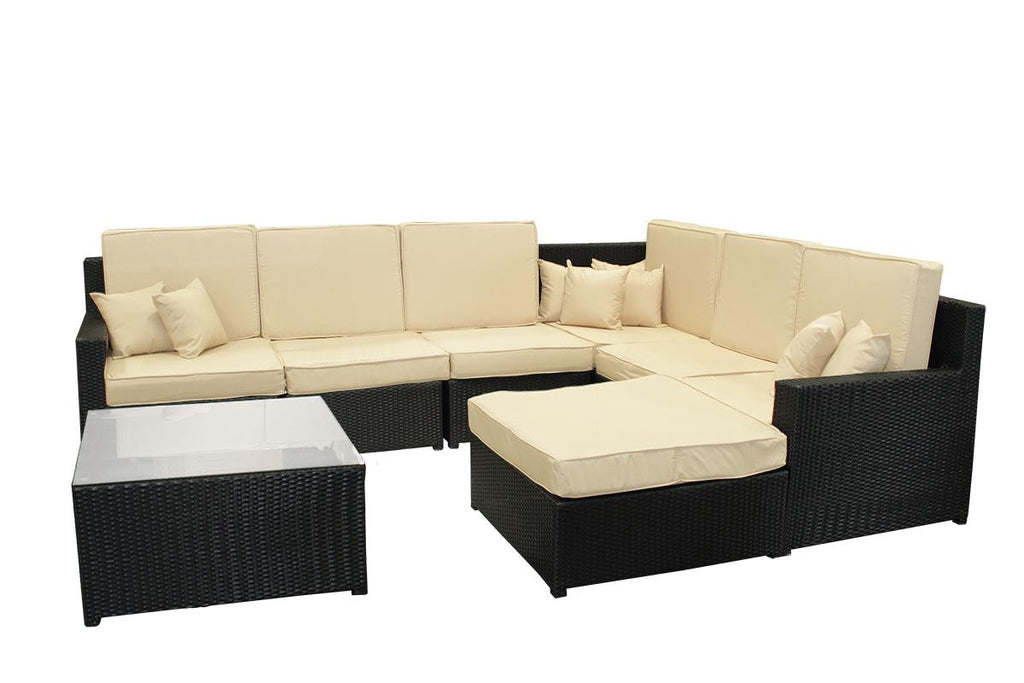 8-Piece Black Resin Wicker Outdoor Furniture Sectional Sofa, Table and Ottoman Set - Beige Cushions